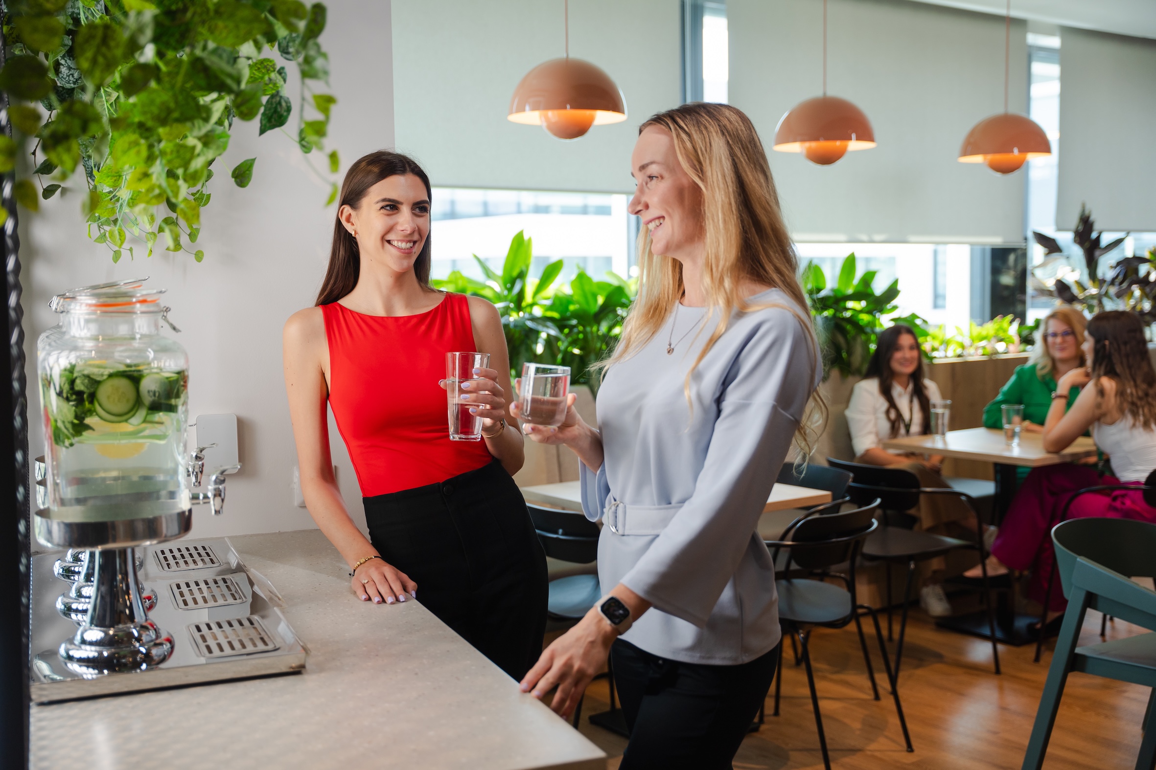 Two colleagues are standing indoors.